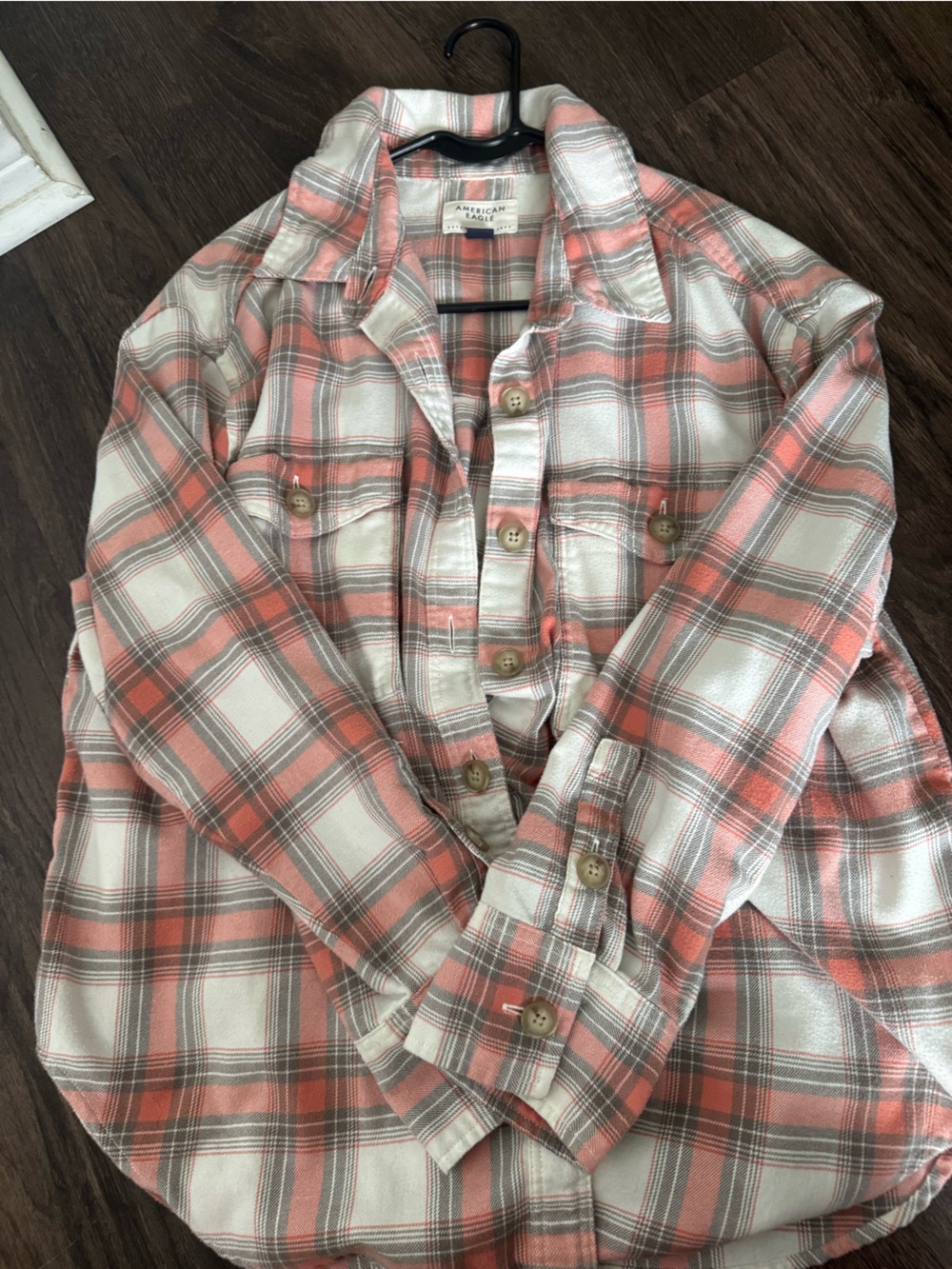 American Eagle Outfitters Coral and Cream Plaid Button-Up Shirt